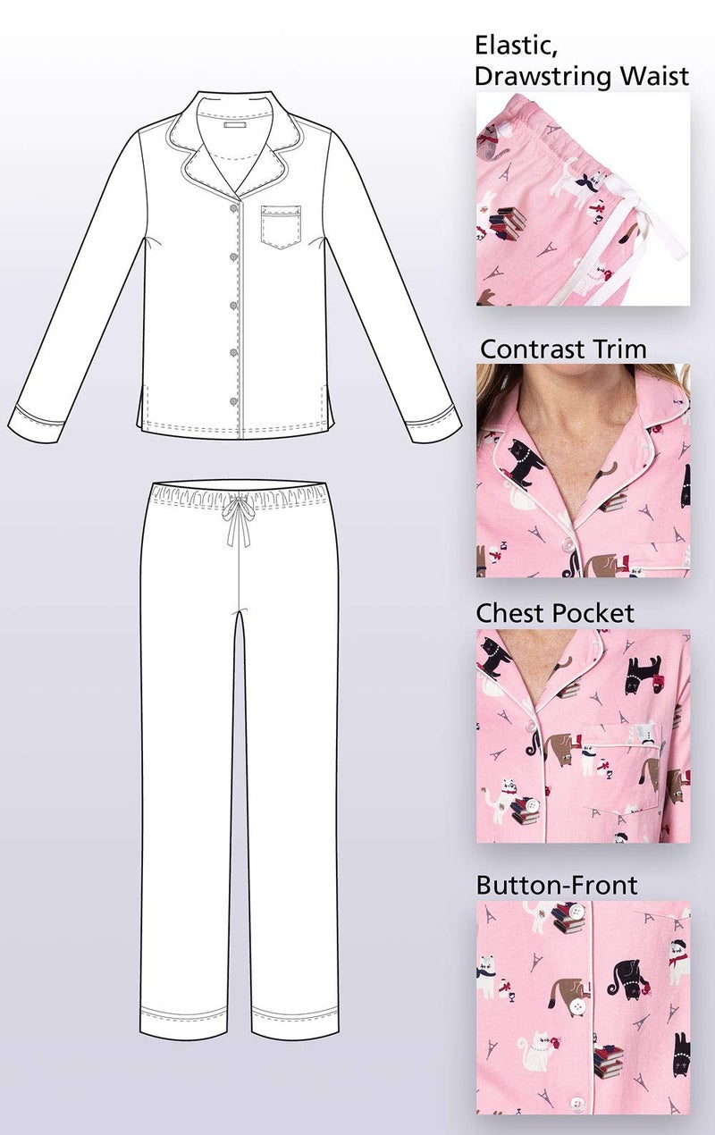 PajamaGram Cotton Womens Pajama Sets - Cat Pajamas for Women, Pink, M / 10-12 - Image 4